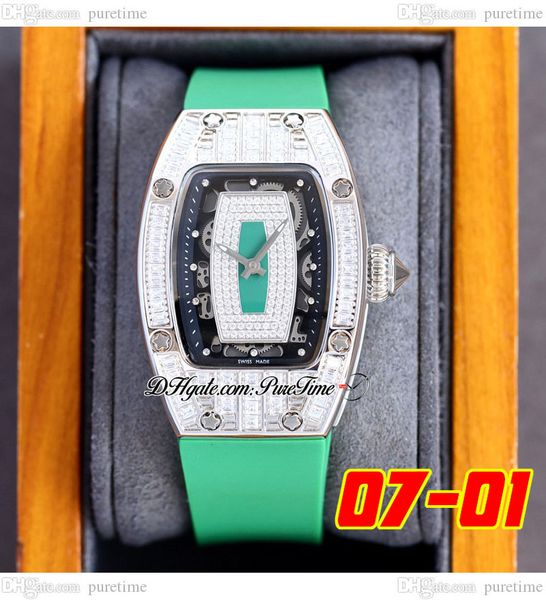 

07-01 baguette diamonds swiss quartz ladies watch womens watches paved diamond black skeleton dial green rubber strap super edition 6 styles, Slivery;brown