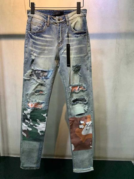 

men's jeans amri ripped pants fashion hip hop blue complex wash cloth hole patch trousers slim fit denim elastic 42o6 miri black casual