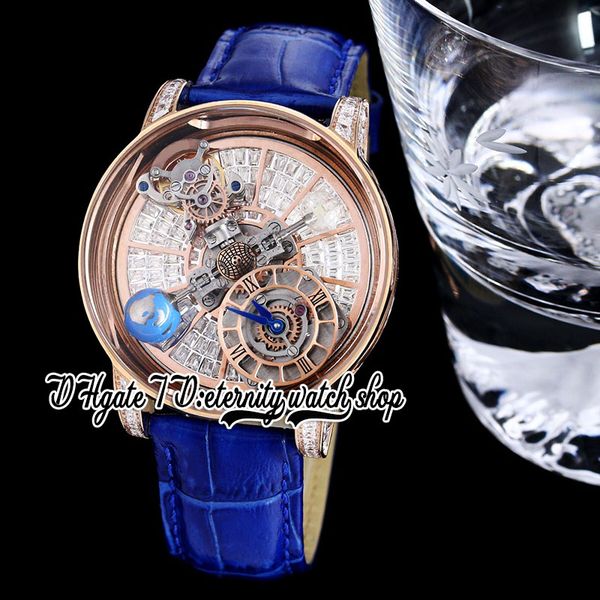 

bzf astronomia tourbillon baguette swiss quartz mens watch rose gold steel case paved diamonds skeleton 3d globe rotate dial blue leather st, Slivery;brown