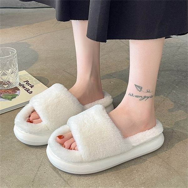 

slippers fluffy fur furry thick platform home women winter warm plush slides non-slip flip flops indoor floor shoes 221110, Black