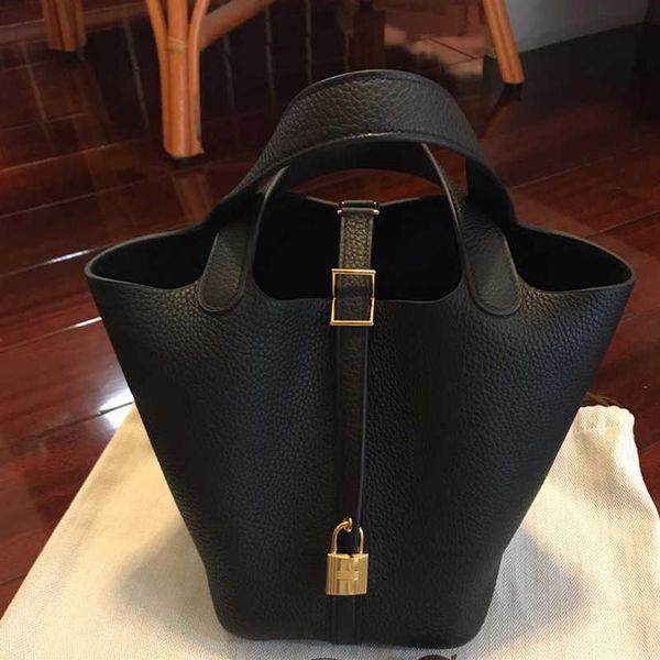 

vegetable basket bags picotin lock female genuine leather 2021 first layer cowhide handbag large capacity bucket bag brand tote lu202r