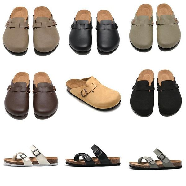 

birk sandals designer slippers boston slipper cork flat slides beach sandals wrapped toe leather slidethick soled men women casual shoes, Black