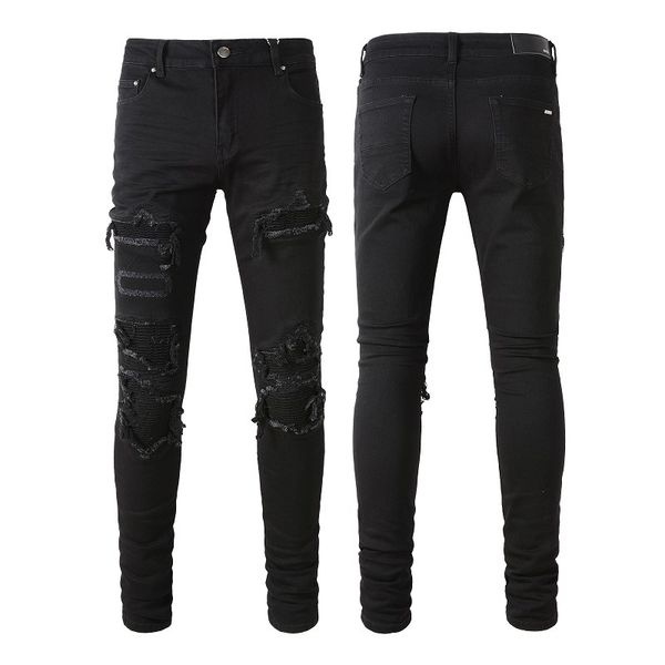 

man black denim jeans cracked patches distressed slim leg cut stretch, Blue