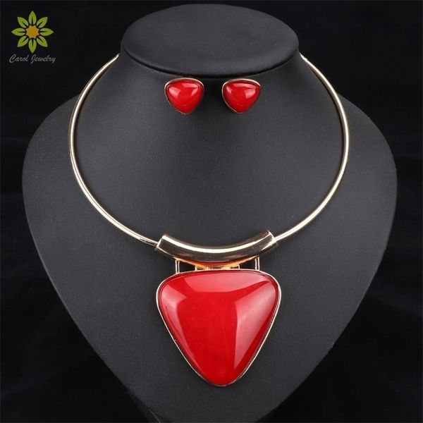 

wedding jewelry sets statement vintage necklace fashion women gold color chain resin triangle choker necklaces pendant earrings set 221109, Slivery;golden