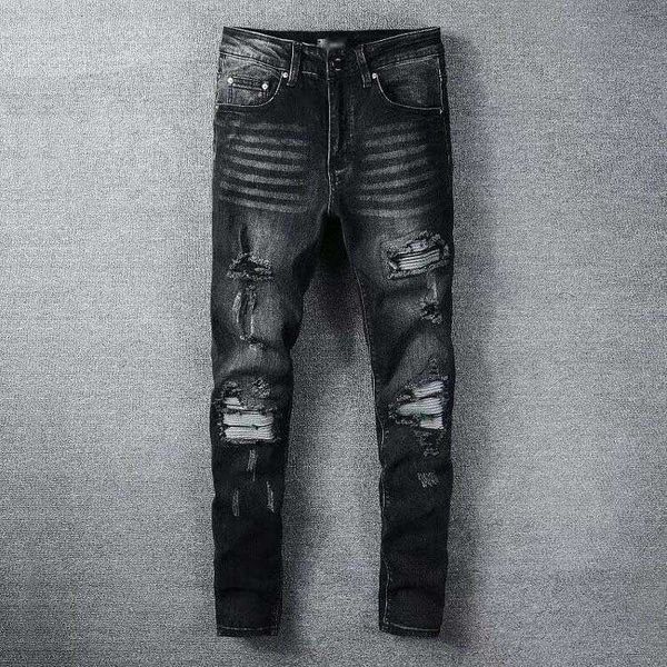 

men's jeans amri ripped pants fashion hip hop wear version high street trendy youth black hole patch micro bullet large men slim fit de, Blue