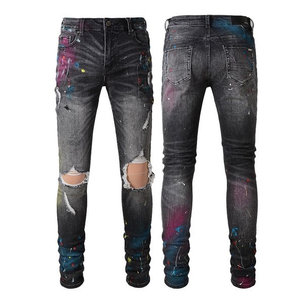 

distressed hole painted homme mens denim jeans slim fit leg, Blue