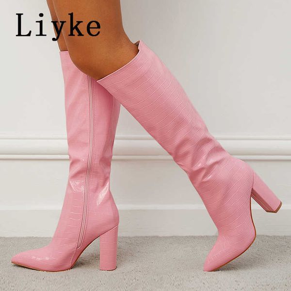 

boots liyke spring autumn motorcycle women pointed toe zip knee high boots fashion pink snake print square heels party long shoes ladyg22111, Black