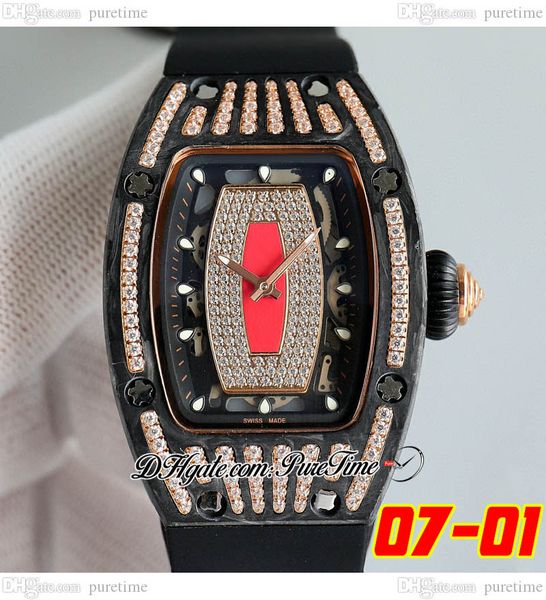 

07-01 carbon fiber diamonds miyota automatic ladies watch womens watches two tone rose gold red skeleton dial black rubber strap super editi, Slivery;brown