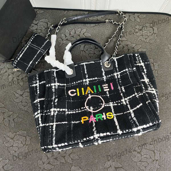 

22a womens cashmere woven beach shopping bags deauville chain hand totes silver metal hardware matelasse shoulder handbags large capacity sa