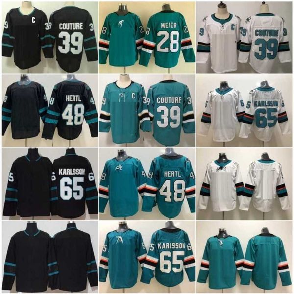 

men blank hockey 65 erik karlsson jersey 28 timo meier 39 logan couture 48 tomas hertl reverse retro team black green white color all stitch, Black;red