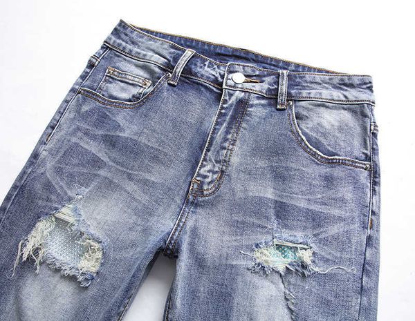 

men's jeans amirs designer fashion pants cool stylish leisure ripped brand style street blue hole patch drill slim fit elastic denim cx