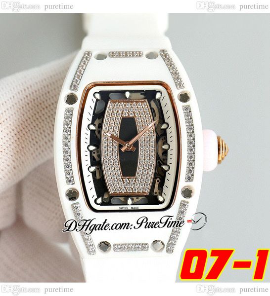 

07-01 white ceramic miyota automatic ladies watch womens watches two tone rose gold diamonds bezel skeleton dial rubber strap super edition, Slivery;brown