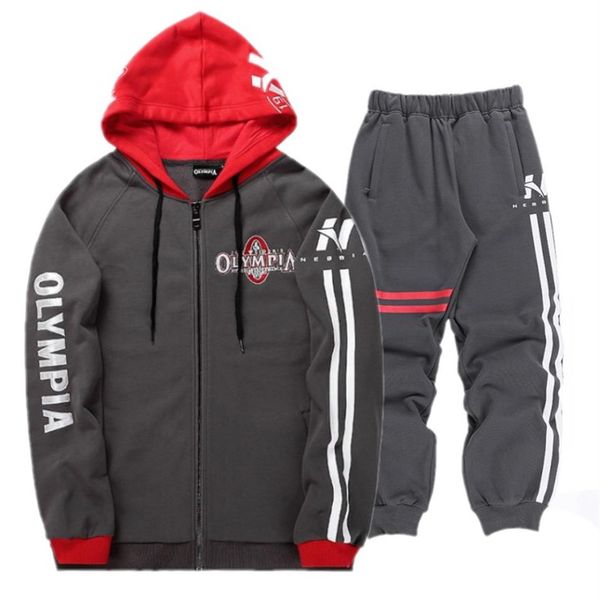 

bodybuilding men set autumn sweatshirt mens tracksuit pants 2018 olympia brand sportswear man 2pcs stand collar hoodie jacket235q, Gray