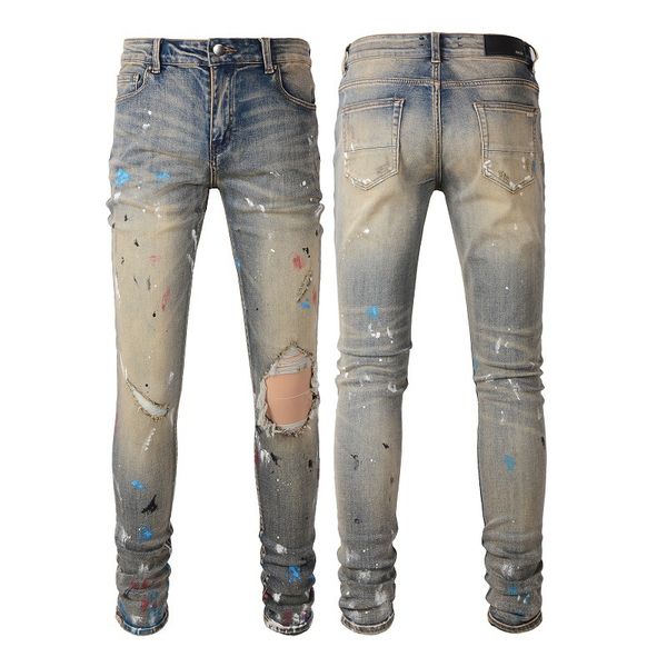 

painted effect destroyed hole denim jeans for homme mens slim fit style, Blue