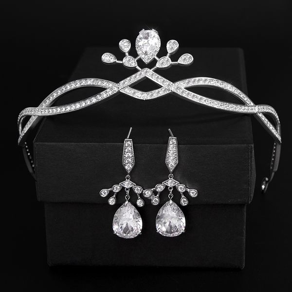 

elegant water drop crystal tiaras and crown headpiece with earrings fashion bridal wedding jewelry gift hair accessories, Slivery;golden