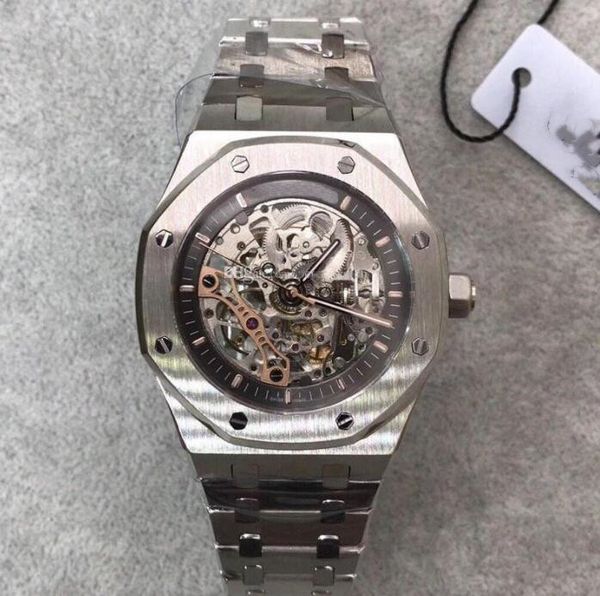 

watch men sapphire glass 42mm skeleton dial automatic movement solid stainless strap male wristwatches, Slivery;brown