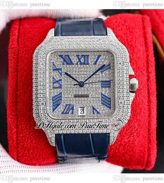 

twf twwssa0009 m8215 paved diamonds automatic mens watch 40mm miyota fully iced out diamond blue roman markers leather strap watches super e, Slivery;brown