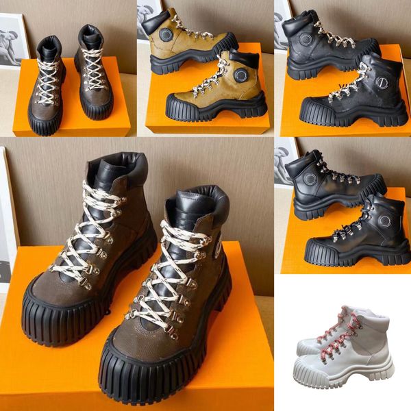 

new short boots women's luxury martin boots thick soled mountaineering high heel running shoes retro casual lace up color contrast roun, Black