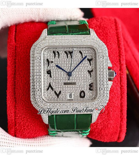

twf twwssa0009 m8215 paved diamonds automatic mens watch 40mm miyota fully iced out diamond case black arabic script dial green leather supe, Slivery;brown