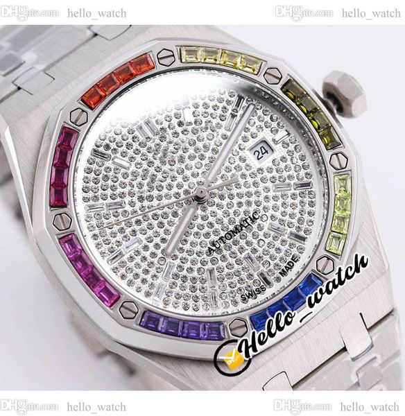 

41mm date a3120 automatic mens watch champagne full paved diamonds dial dial rainbow diamond bezel stainless steel bracelet watches hellowat, Slivery;brown