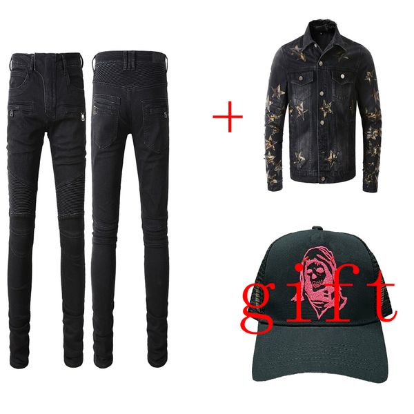 

mens jeans and jacket gift a hat long straight jean cool guy fashion holes jean black blue white outerwear jackets luxury hooded hip hop win