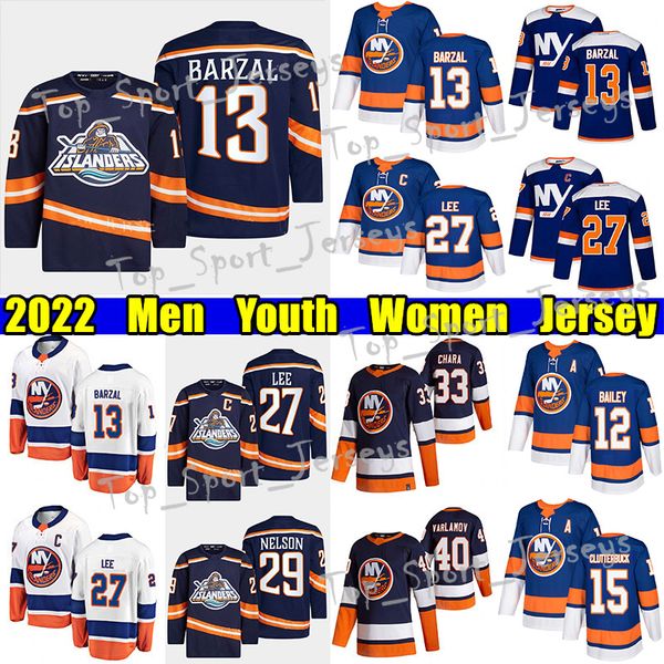 

#13 mathew barzal reverse retro hockey jersey ny#27 anders lee islanders#28 alexander romanov josh bailey brock nelson zach parise mike boss, Black;red