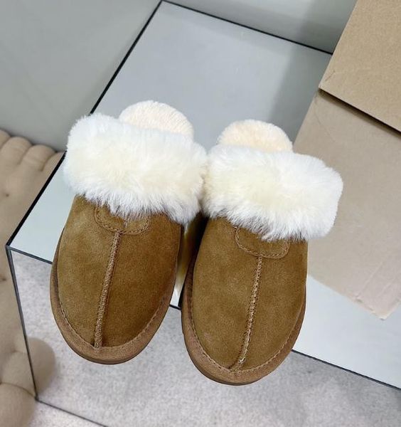 

Design wool slippers women thick sole fur new fur one-piece thick-soled snow boots wrap toe anti-slip warm cotton fuzzy slippers, Khaki