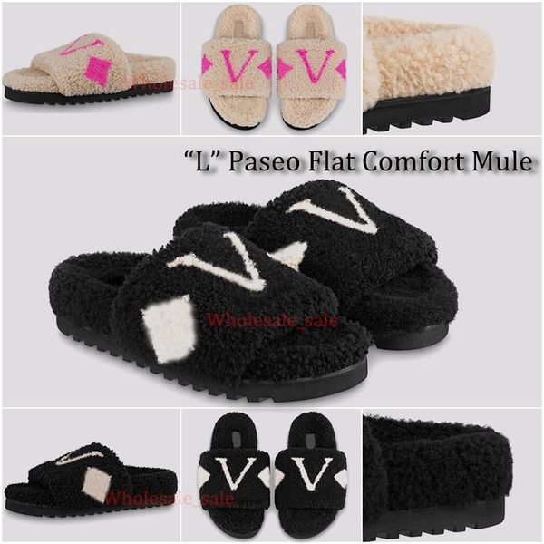 

paseo flat comfort slippers shearling fur warm indoor slides winter sandal wool women shoes platform plush furry sandals fluffy outdoor lett, Black