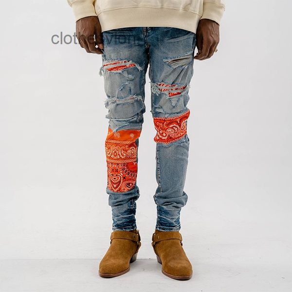 

men's jeans ch 2022 designer amirs street brand wash water blue fruit flower contrast color paste cloth hole elastic slim fit small foo