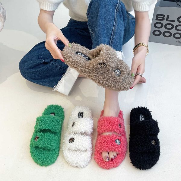 

slippers dress shoes large new soft soles thickened two rows of flat bottomed fashionable home wool slippers lamb cotton 0930, Black