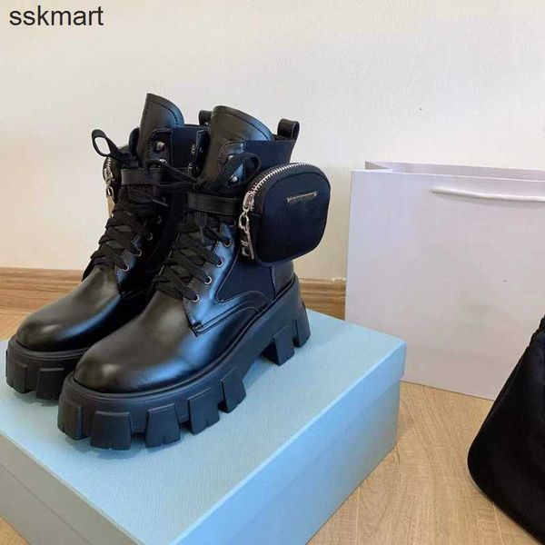 

designer rois boots p triangle logo women's triangle english short thick bottom pocket bag leather motorcycle boots size 35-45, Black