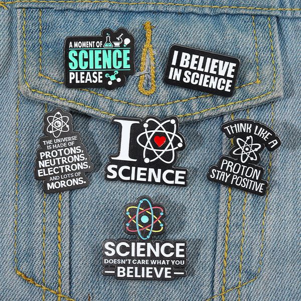 

i believe in science enamel pins custom brooches proton neutrons lapel badges cartoon funny quotes jewelry gift for kids friends, Blue