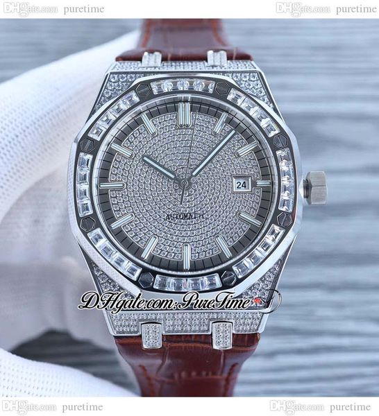 

1540 full paved diamonds a3120 automatic mens watch 42mm baguette diamond ice out dial stick brown leather strap oak jewelry watches super e, Slivery;brown