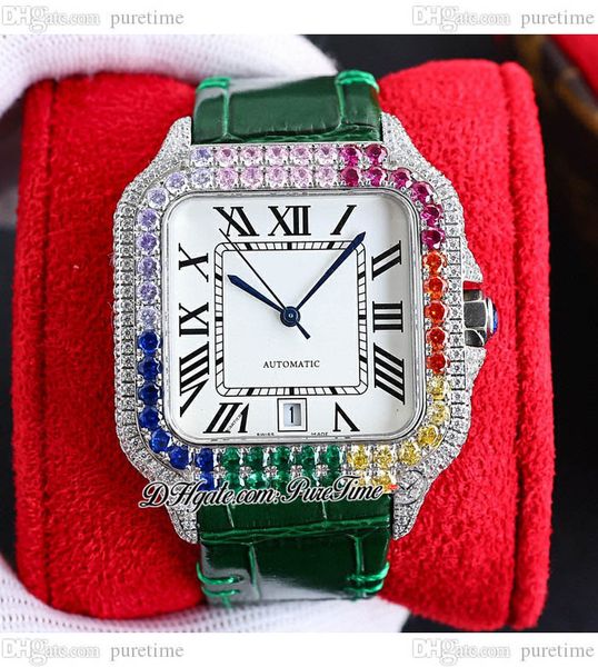 

twf twwssa0009 m8215 paved diamonds automatic mens watch 40mm miyota fully iced out colors diamond bezel white black roman dial leather supe, Slivery;brown