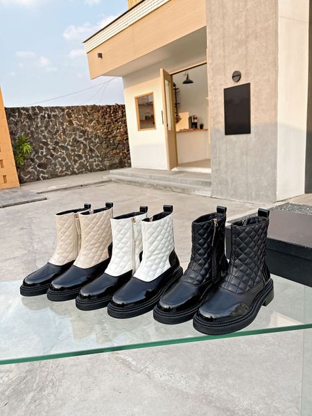 

autumn 2022 classic rhombic contrast short martin boots leather round head side zipper thick bottom chelsea boots, Black