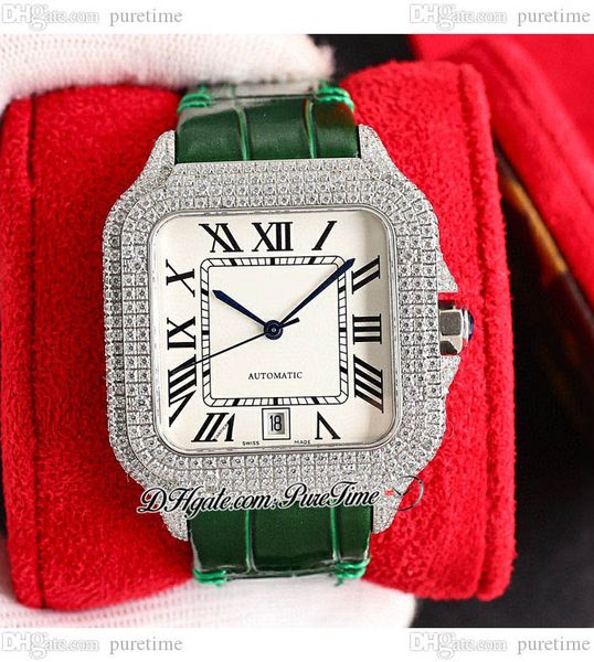 

twf twwssa0009 m8215 paved diamonds automatic mens watch 40mm miyota fully iced out diamond case white black roman dial green leather super, Slivery;brown