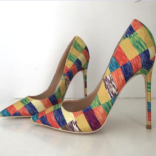 

bright color plaid stripe canvas high heels shoes fashion summer red bottom women pumps lady multi colors pointy toe stiletto shoes 12cm 10c, Black