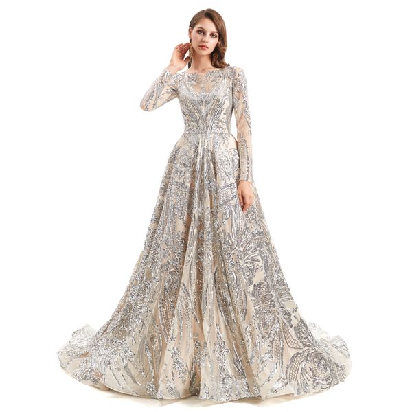 

illsuion long sleeve muslim evening dresses gillter sequins applique silver arabic caftan prom gown caftan robe de soiree, Black
