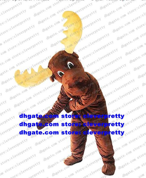 

brown moose elk wapiti horned deer mascot costume cartoon character outfit suit circularize flyer live-dressed zz7562, Red;yellow