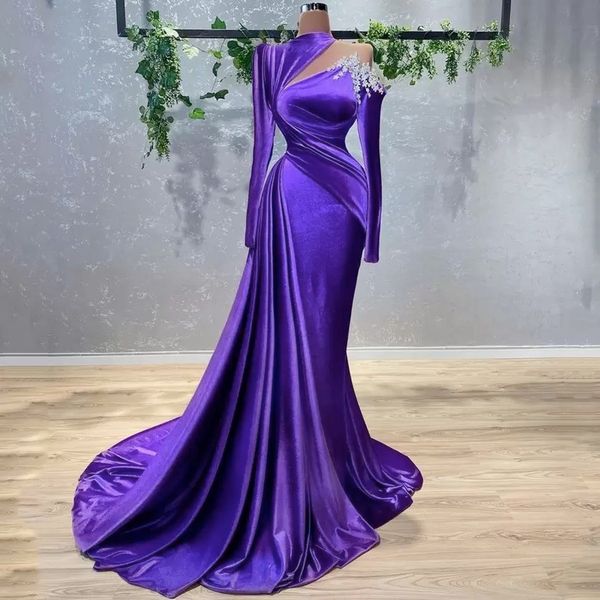 

mermaid purple evening dresses 2023 with beaded crystals long sleeve satin party occasion gowns pleats ruffles prom dress wears, Black;red