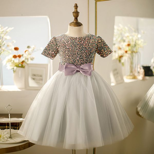 

gold sequined sparkly flower girl dresses with bow ball gown sheer neck tulle long lilttle kids birthday princess pageant weddding gowns, White;blue