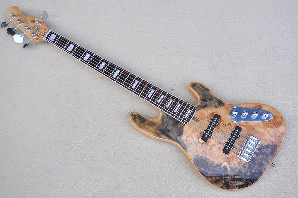 

factory custom 5 strings electric bass guitar natural wood color burl maple veneer ash body rosewood fretboard offer customized