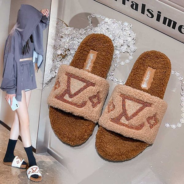 

slippers dress shoes wool slippers for women in autumn and winter of 2023 new letters cashmere home cotton flat bottomed straight wool 0930, Black