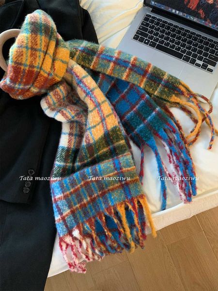

rainbow plaid scarf womens winter imitation cashmere ins versatile ac color contrast tassel mohair shawl thickened neck, Blue;gray