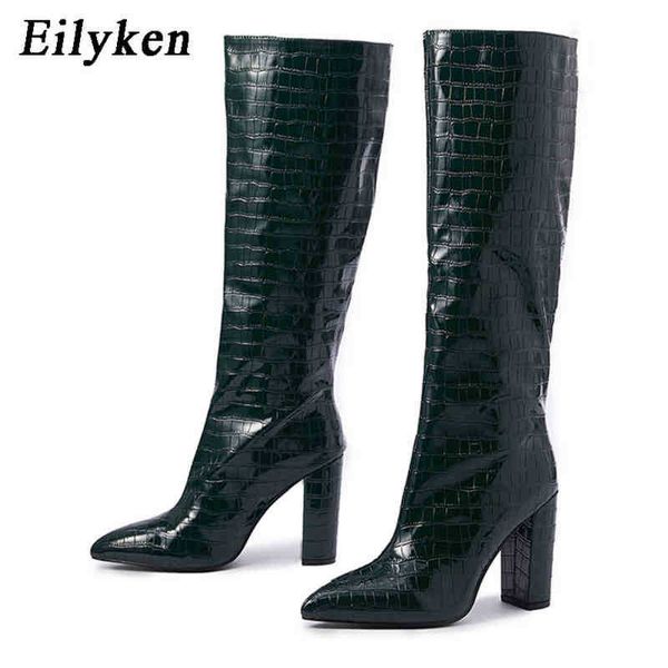 

boots eilyken new fashion pu leather women knee high boots pointed toe square heels ladies long boot slip on female shoes 220913, Black