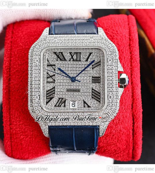 

twf twwssa0009 m8215 paved diamonds automatic mens watch 40mm miyota fully iced out diamond black roman markers blue leather strap super edi, Slivery;brown