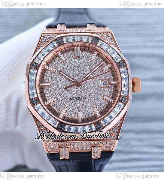 

1540 full paved diamonds a3120 automatic mens watch 42 rose gold baguette diamond ice out dial stick blue leather strap oak jewelry watches, Slivery;brown
