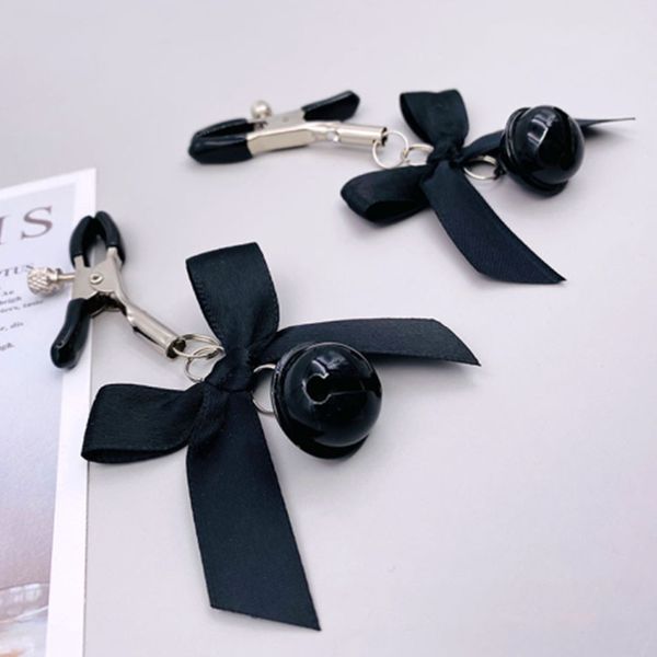 

costumes 2pcs woman adjustable small bell bowknot nipple clips bdsm fetish flirting teasing breast clamps sm toys for couples, Black