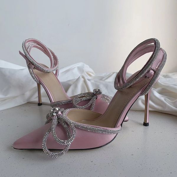 

mach mach double layer bow decoration womens sandals pumps leather sole designer high heels95mm women shoes pink silk face slippers banquet, Black