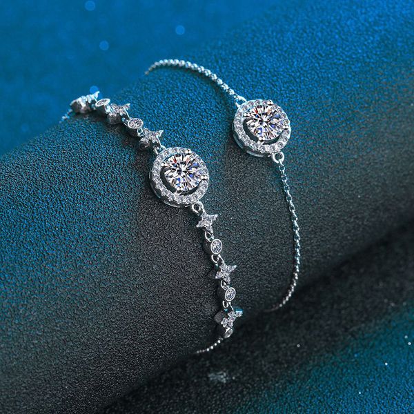 

1ct zircon/moissanite 925 sterling silver rolo chain bracelet cz surrounded adjustable dainty link for fashion jewellery gift for women girl, Golden;silver